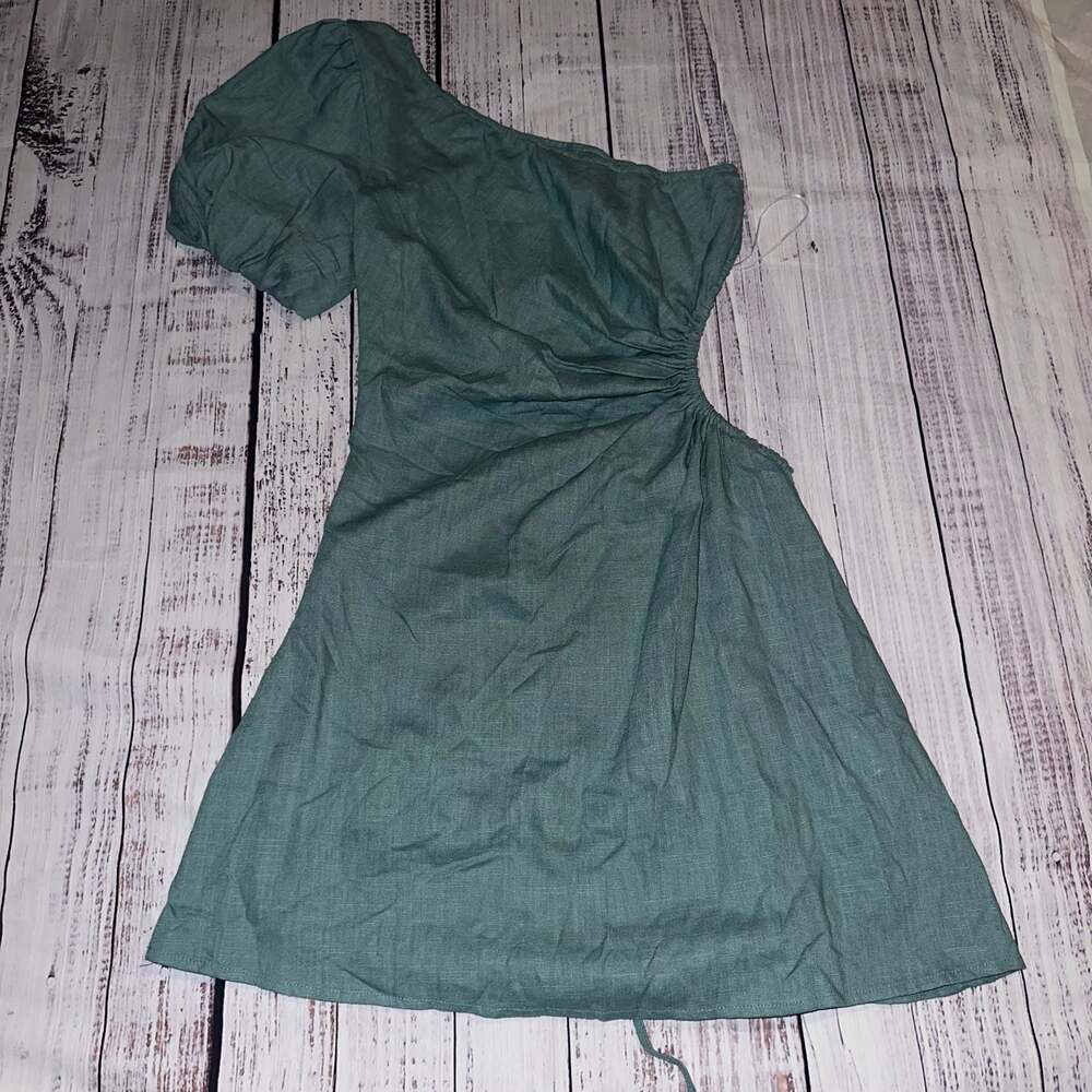 Hello Molly Teal One-Shoulder Puff Sleeve Cut-Out Mini Dress Size Small